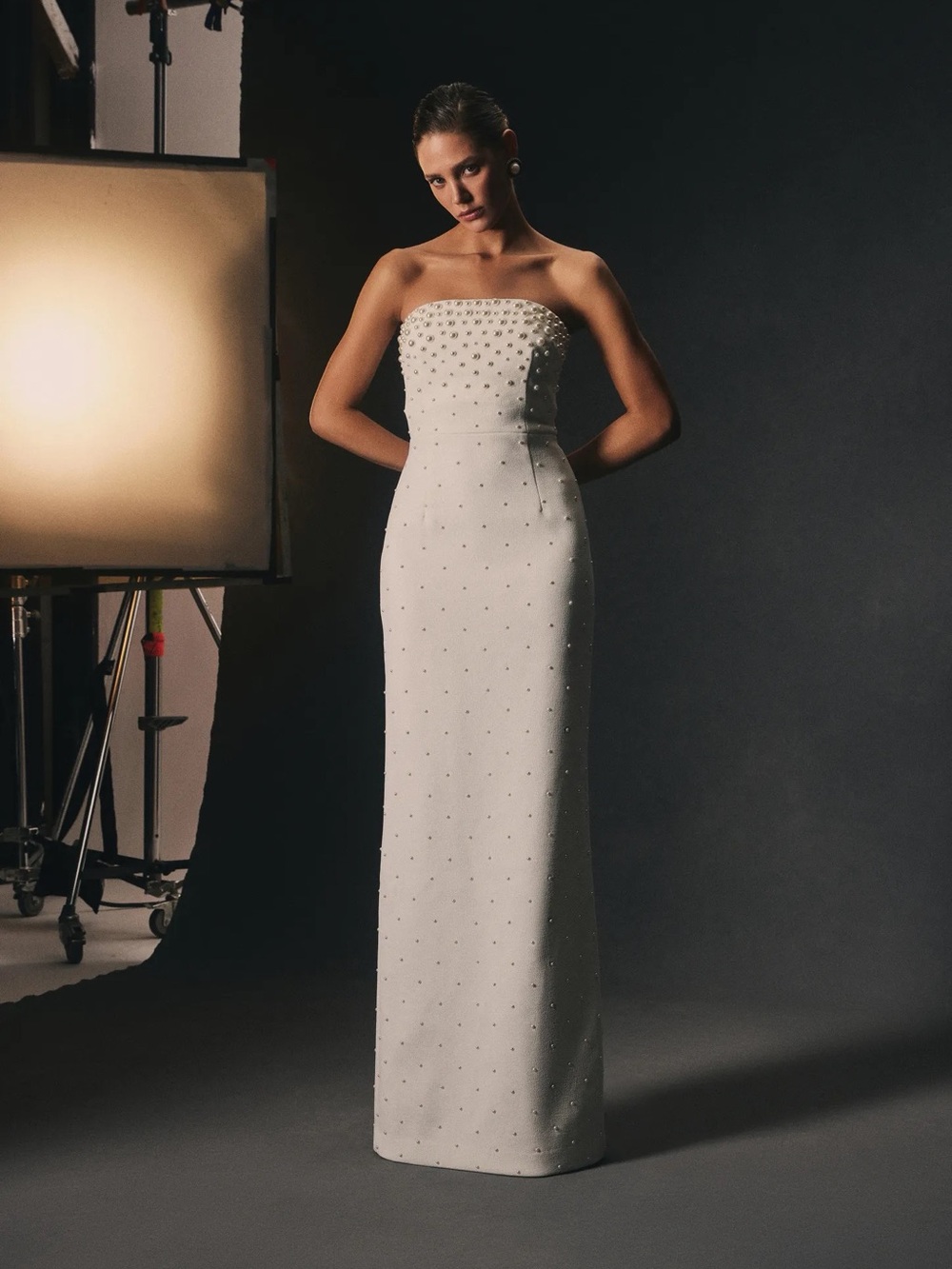 Rebecca Vallance White Strapless Pearl-Detail Column Gown